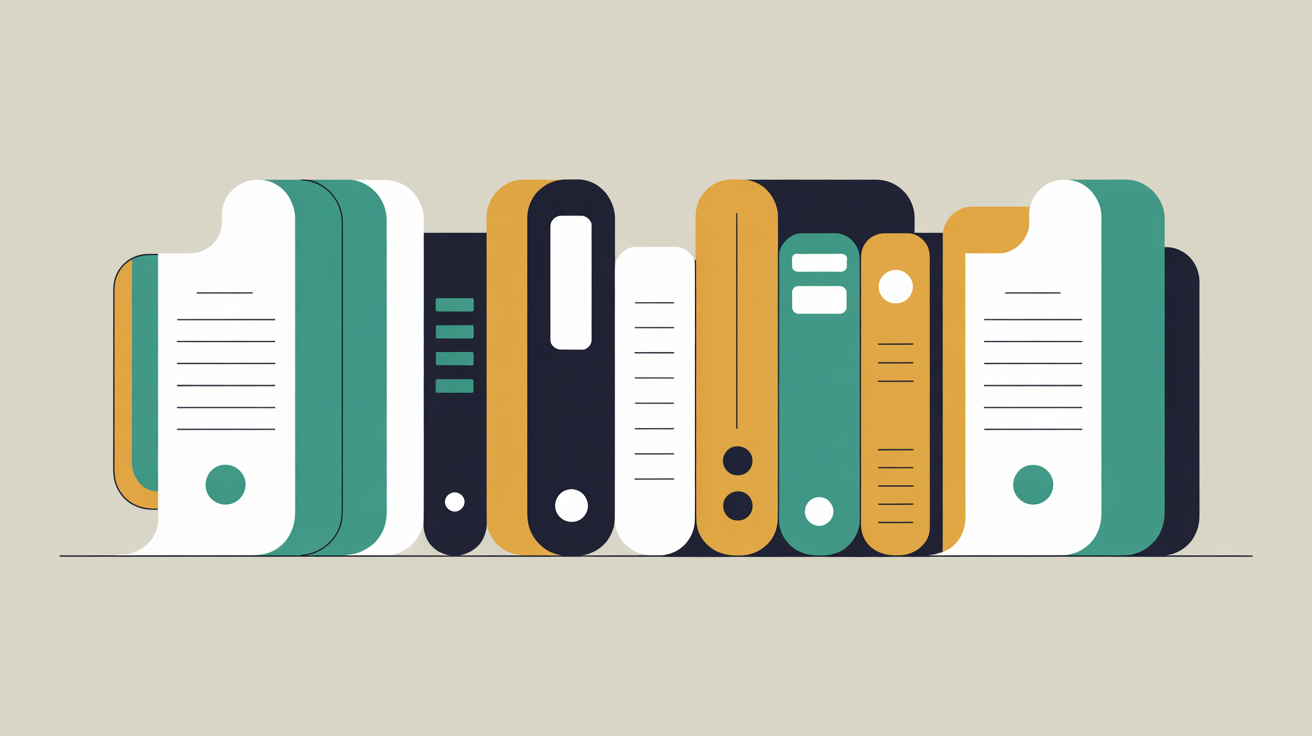 Flat illustration of abstract paperwork and folder shapes in teal on a warm grey background, suggesting ownership documents and access records