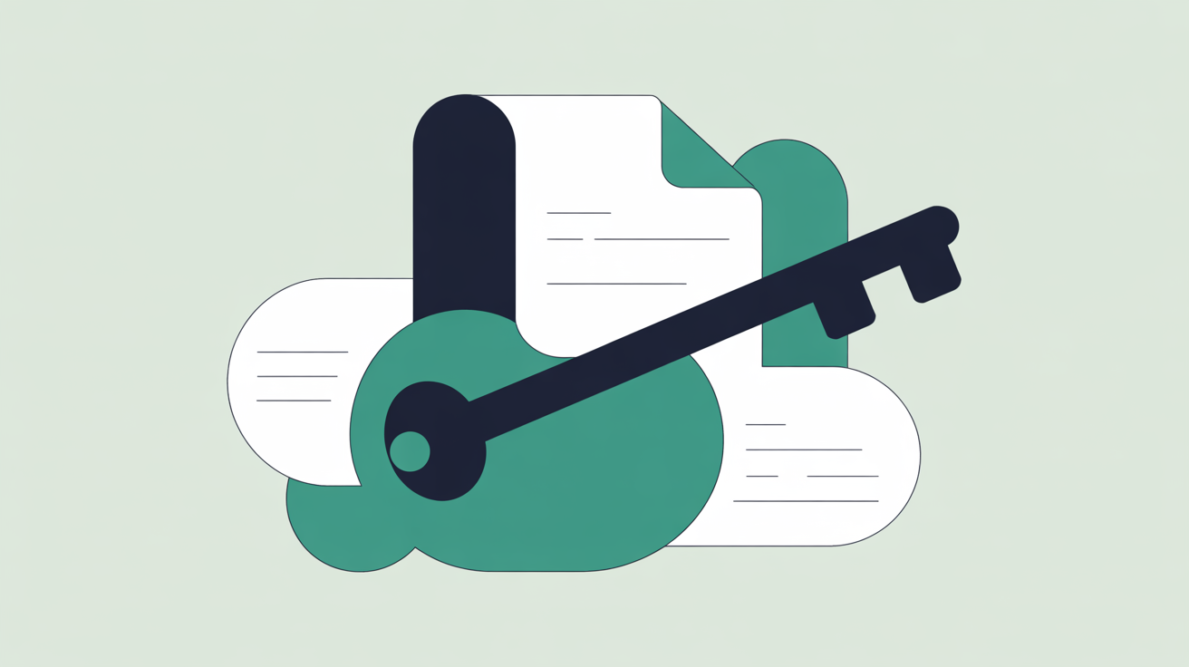 Flat illustration of a stylised key and lock motif with soft organic shapes in teal on a warm stone-grey background, representing website ownership
