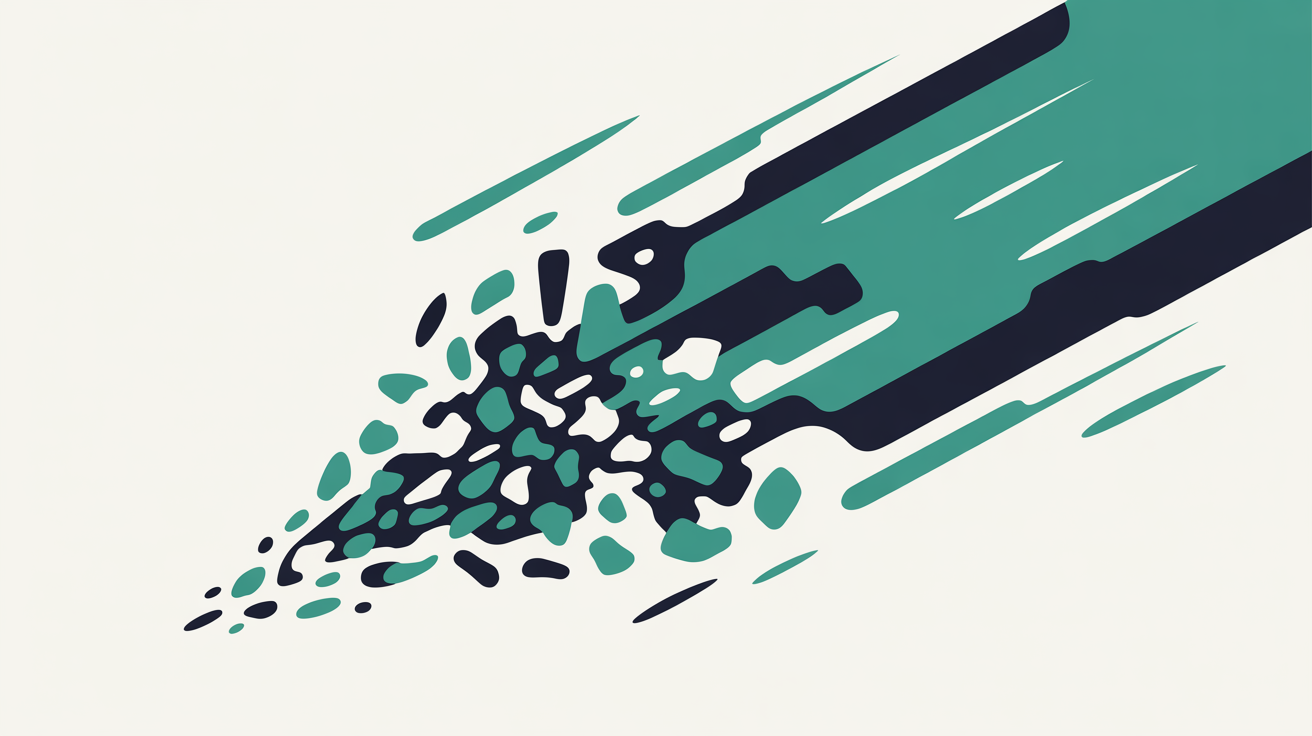 Flat illustration of geometric shapes assembling rapidly into a structured composition, teal flow lines on warm stone background