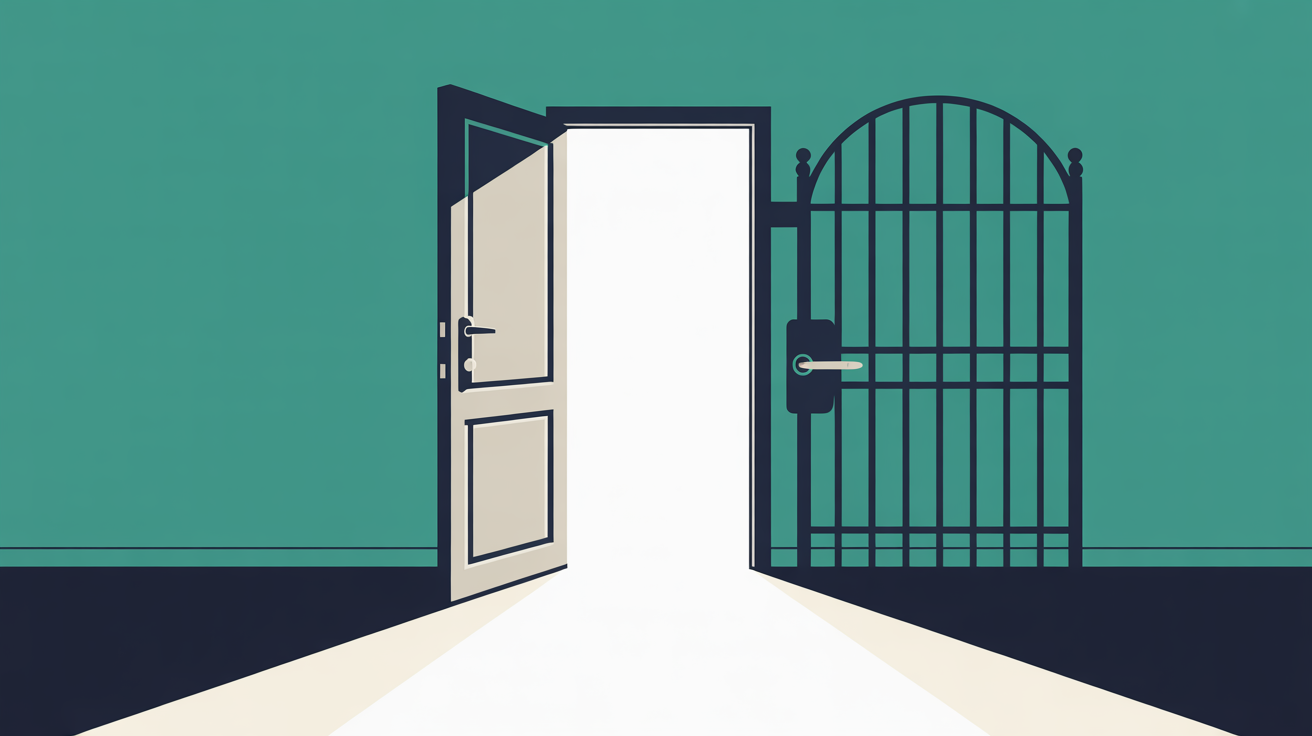 Abstract illustration showing an open doorway contrasted with a locked gate, representing platform freedom versus lock-in