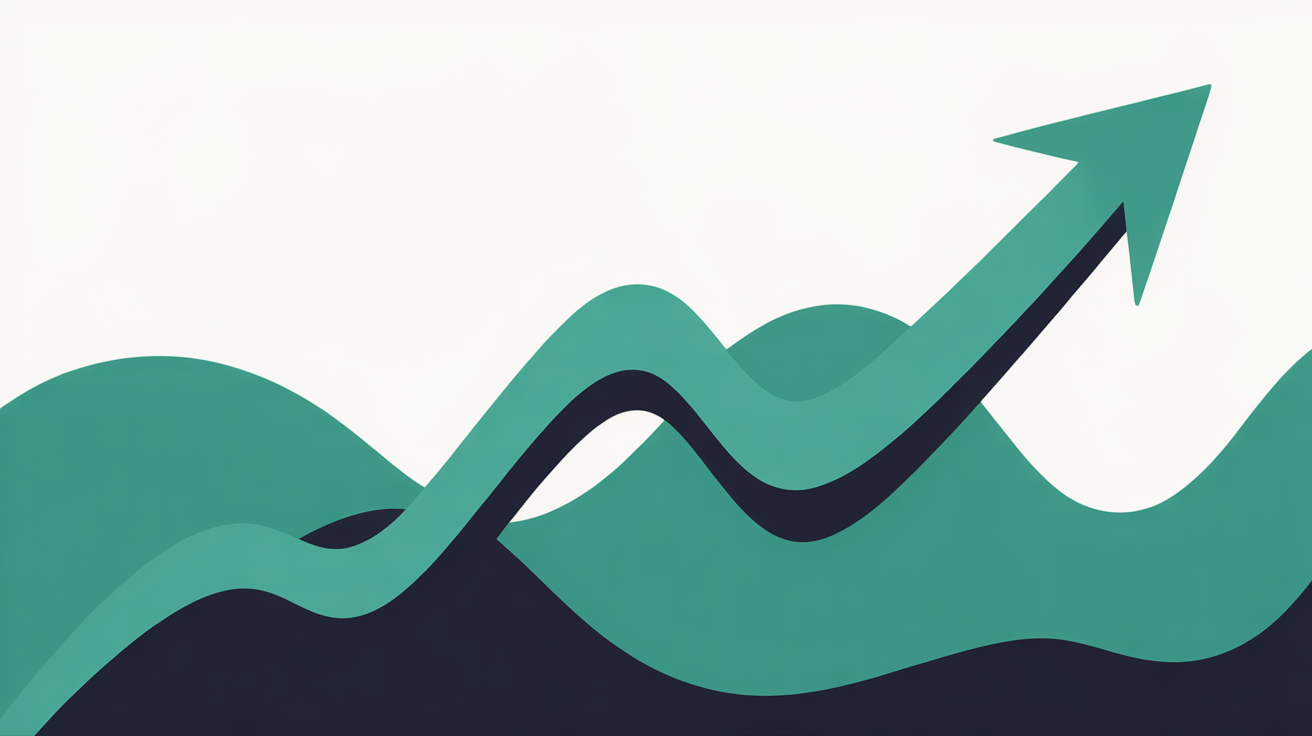 Flat illustration of a rising line with teal accent colours suggesting upward growth momentum on a warm grey background