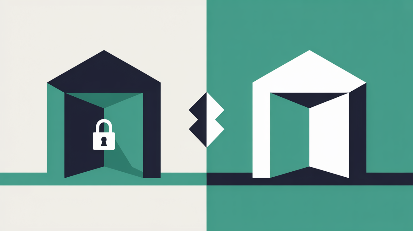 Two contrasting visual zones with teal and warm grey tones representing a transition from a closed platform to an open one