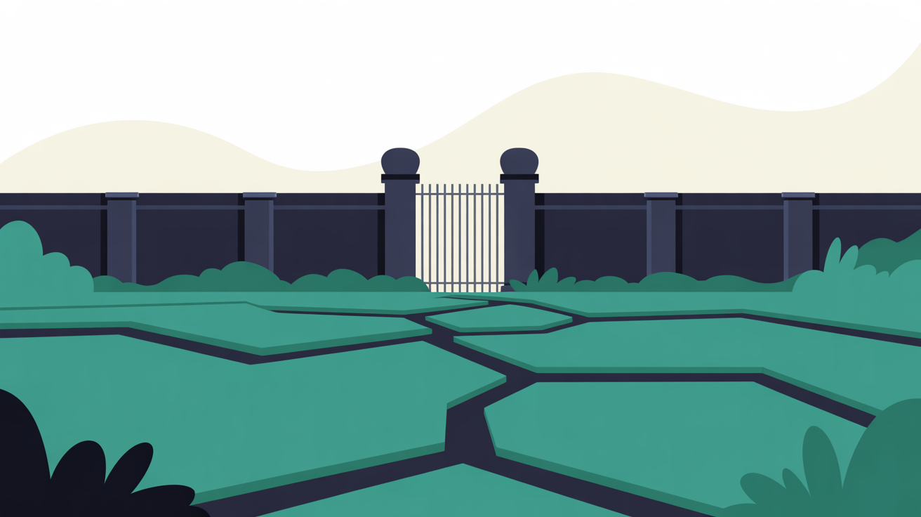 Flat illustration of an enclosed walled garden with abstract teal lines blocked from leaving the enclosure, suggesting platform lock-in