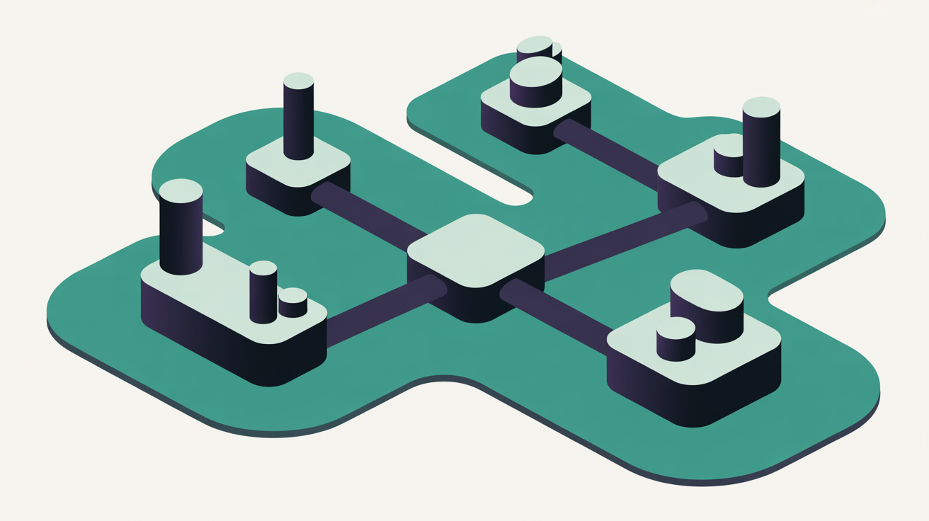 Flat illustration of an open ecosystem with abstract building blocks of various shapes connected by teal pathways, suggesting flexibility and growth