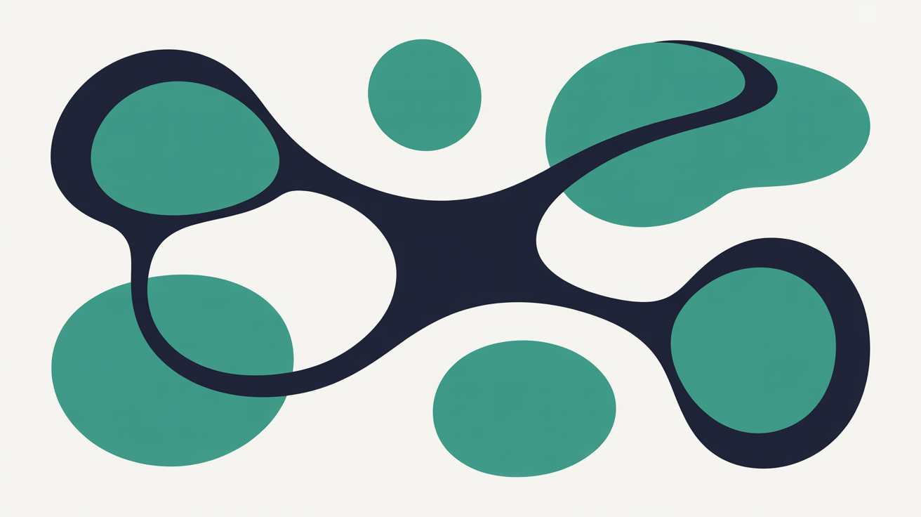Flat illustration of organic shapes suggesting connection paths that reach a boundary, teal lines on warm grey