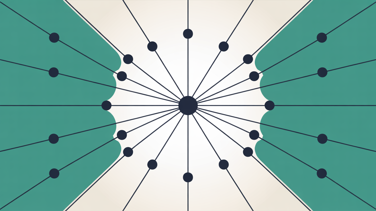 Abstract hub-and-spoke network diagram with a central key shape connected to multiple smaller plugin shapes, suggesting shared credential access in a single architecture