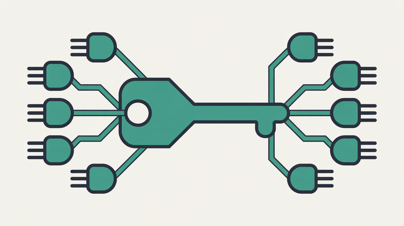 Abstract illustration of a single key shape connected by lines to many smaller plugin shapes arranged in a hub pattern on a warm grey background, with teal accents