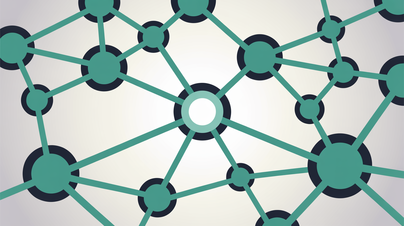 Abstract connected nodes with teal lines on warm grey background, suggesting a system update flowing through a network