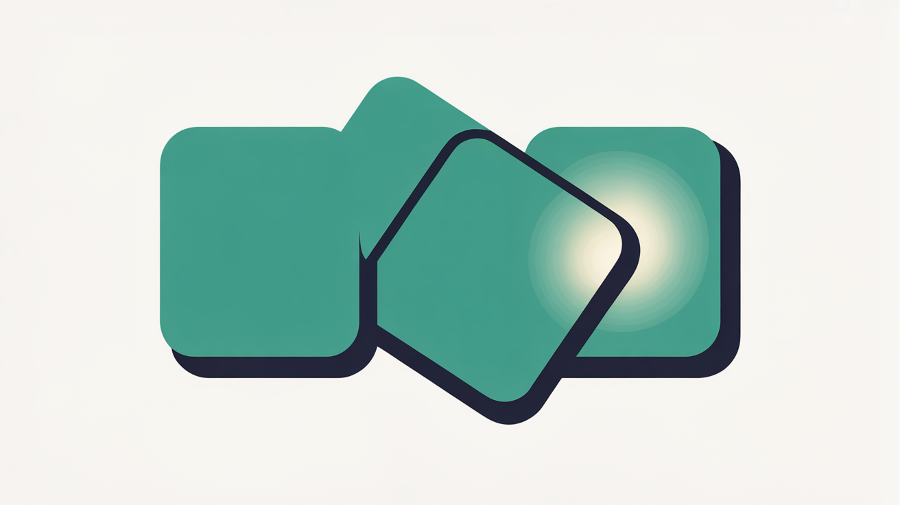 Three overlapping rectangular shapes in teal on warm stone grey, with one shape softly highlighted to suggest a visual change being marked