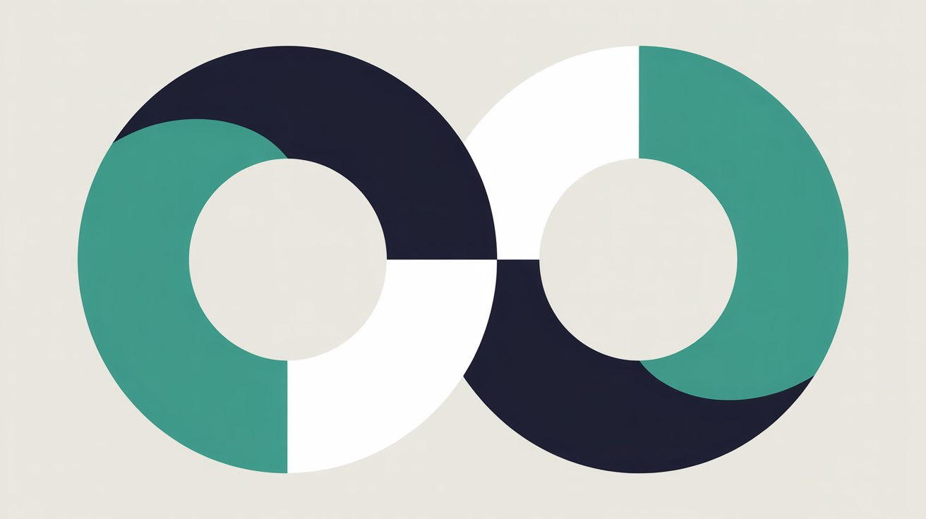 Two overlapping circular forms connected by teal lines on warm grey background representing collaboration
