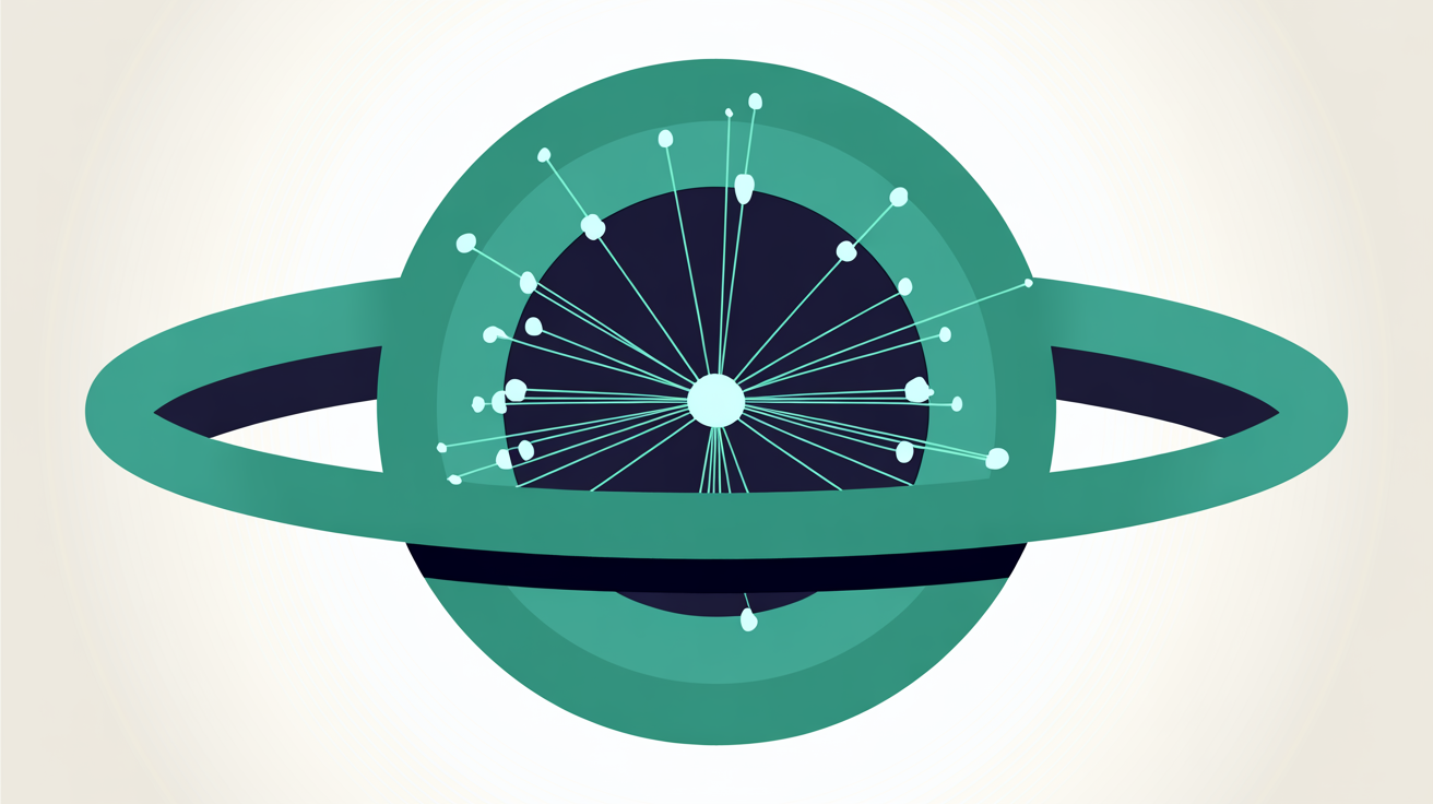 Abstract illustration of a single small node enclosed by a second protective ring layered over the first, teal lines on warm grey background