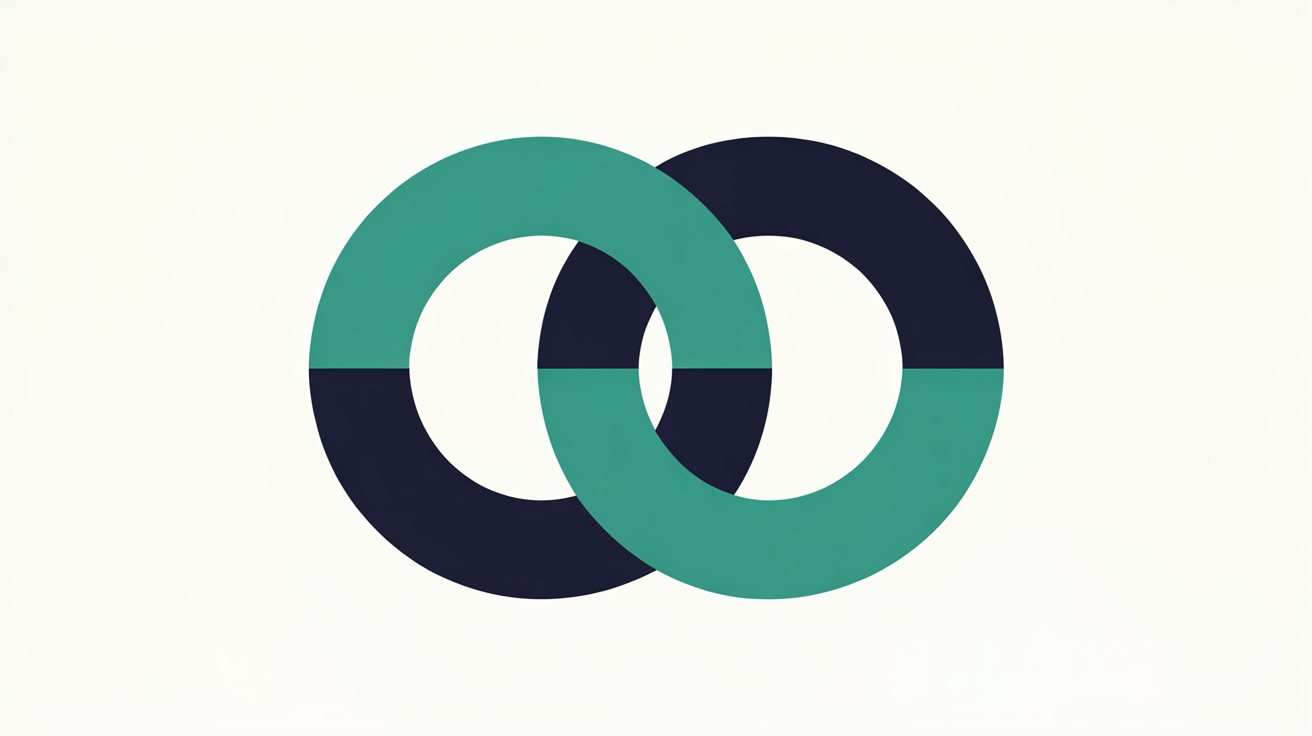 Two overlapping abstract ring shapes layered together in teal on a warm stone grey background, suggesting a second verification step