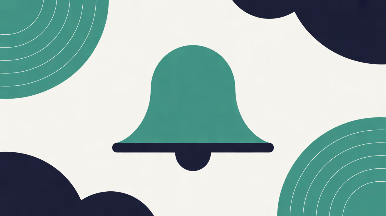 Flat illustration of a teal bell with a navy clapper, surrounded by teal concentric arcs and navy curves on an off-white background