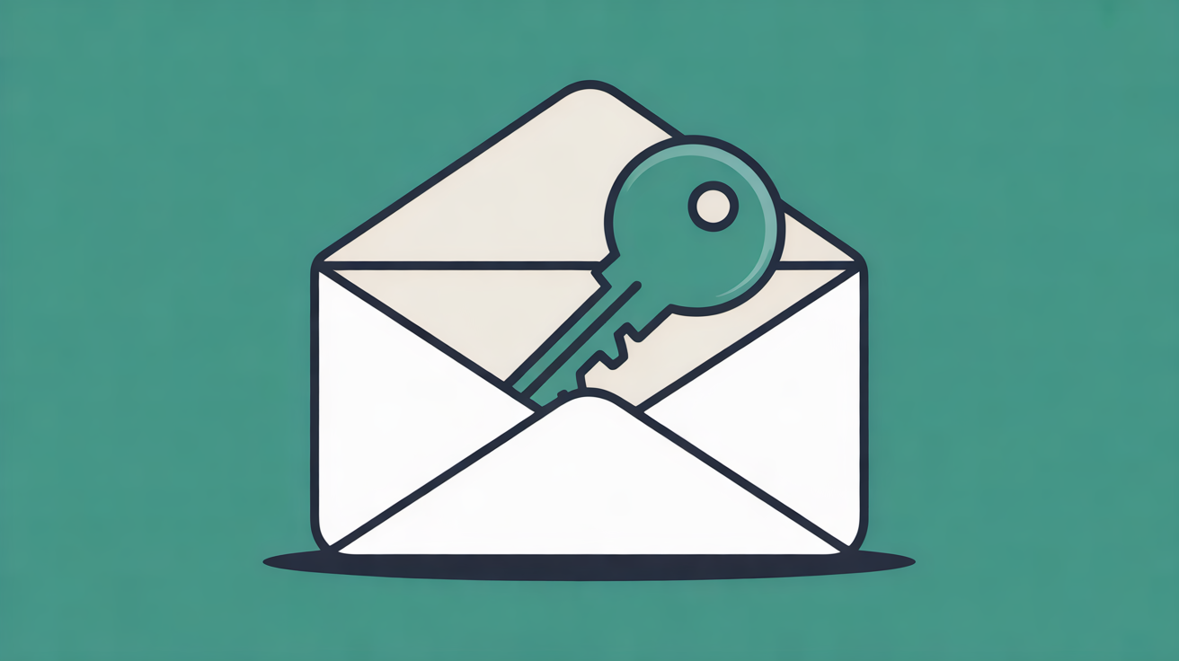 Flat illustration of a teal key tucked inside an open white envelope with navy outlines on a teal background