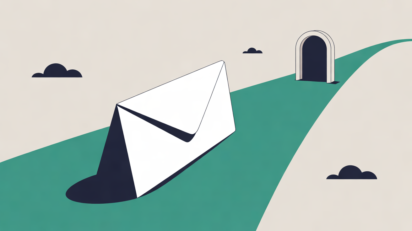 Flat illustration of a white envelope on a curved teal path heading towards a small navy doorway, on a warm stone grey background