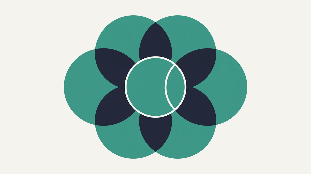 Abstract flat illustration of overlapping teal circular nodes on a warm stone grey background, one node highlighted with a thin outline
