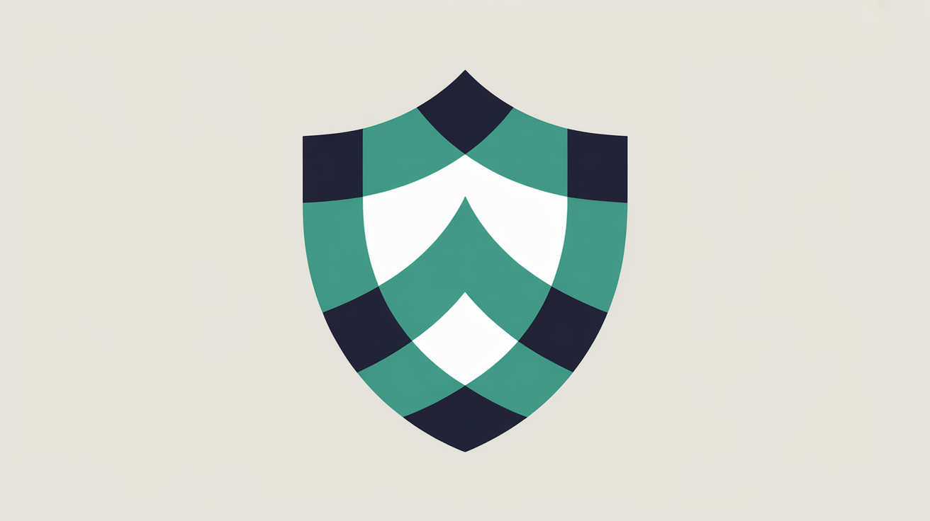 Abstract flat illustration of a teal shield outline formed from interlocking geometric shapes on a warm stone grey background