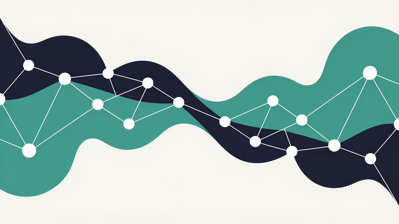 Abstract network of connected geometric shapes with flowing teal lines on a warm grey background suggesting digital communication