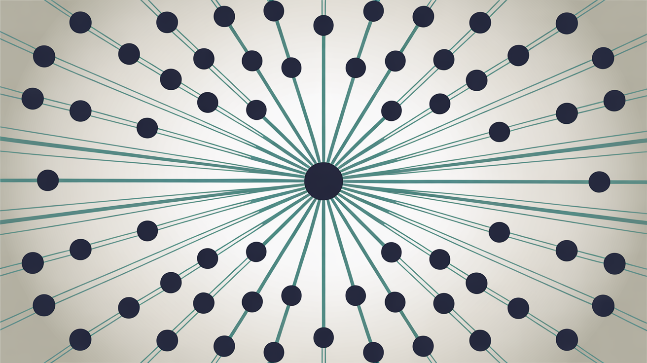 Network of many small distributed source nodes converging from all directions on a single central target, fine teal lines on warm grey background, suggesting a coordinated botnet topology