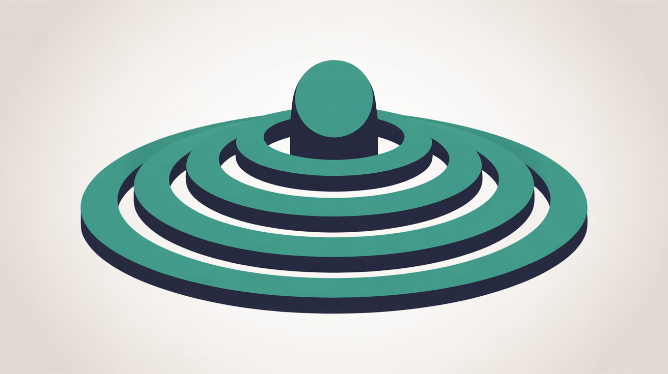 Concentric layered rings around a central protected node in teal and warm grey, suggesting layered network defence around a single focal point