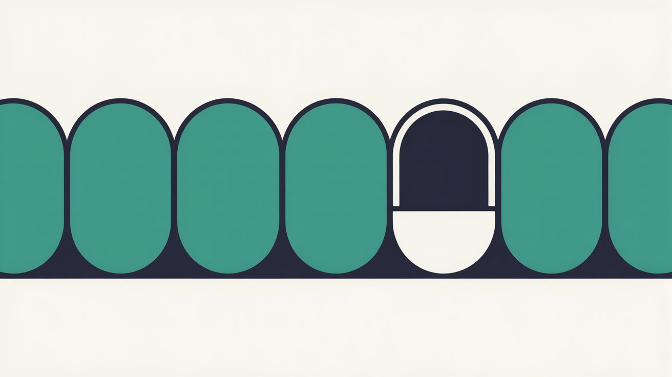 A row of solid teal rounded tiles with one tile in the middle hollow and greyed out
