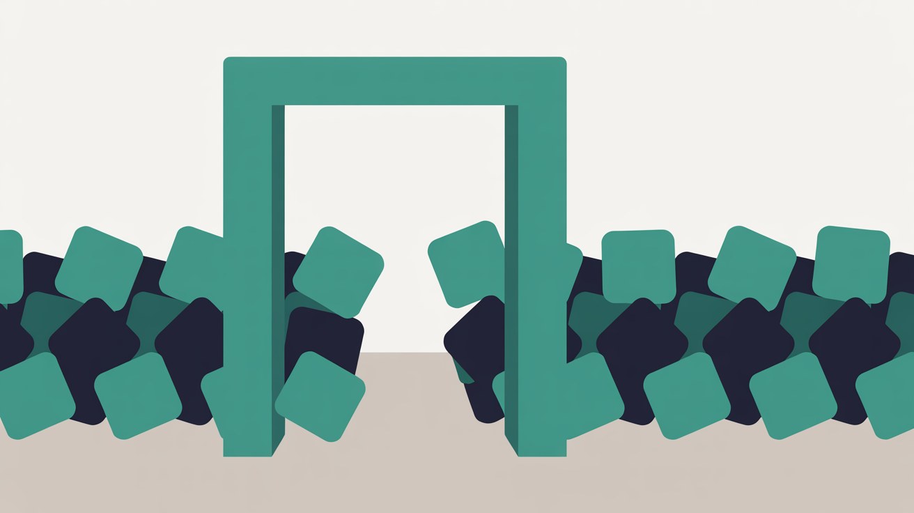 Teal gateway with geometric blocks queuing to pass through it while other blocks sit idle behind it