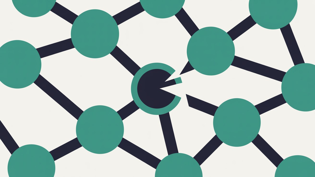 Flat illustration of a connected network of teal nodes with one dark node detached and its links broken