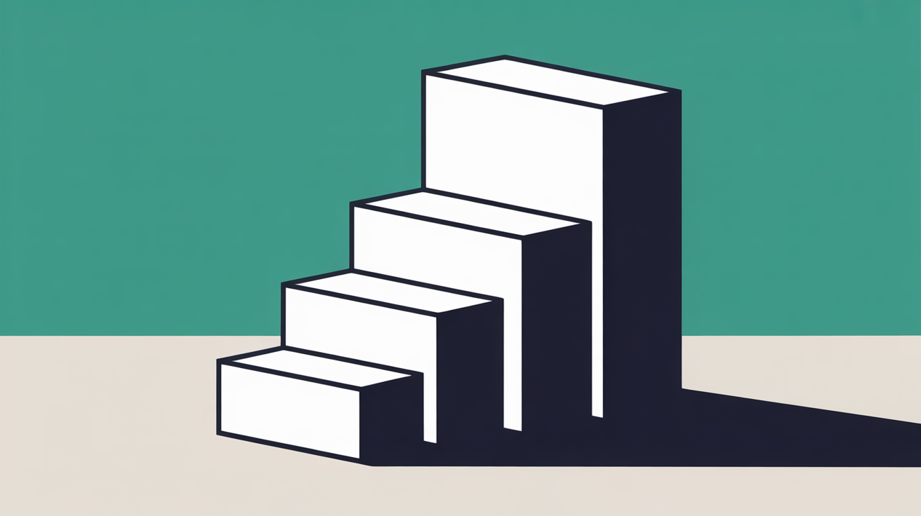 Abstract flat illustration of stacked geometric shapes in teal and warm grey suggesting cost comparison between two platform options
