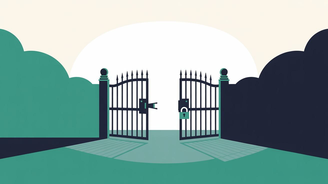 Abstract illustration showing an open gateway on one side and a gated entrance on the other, representing open-source versus restricted access