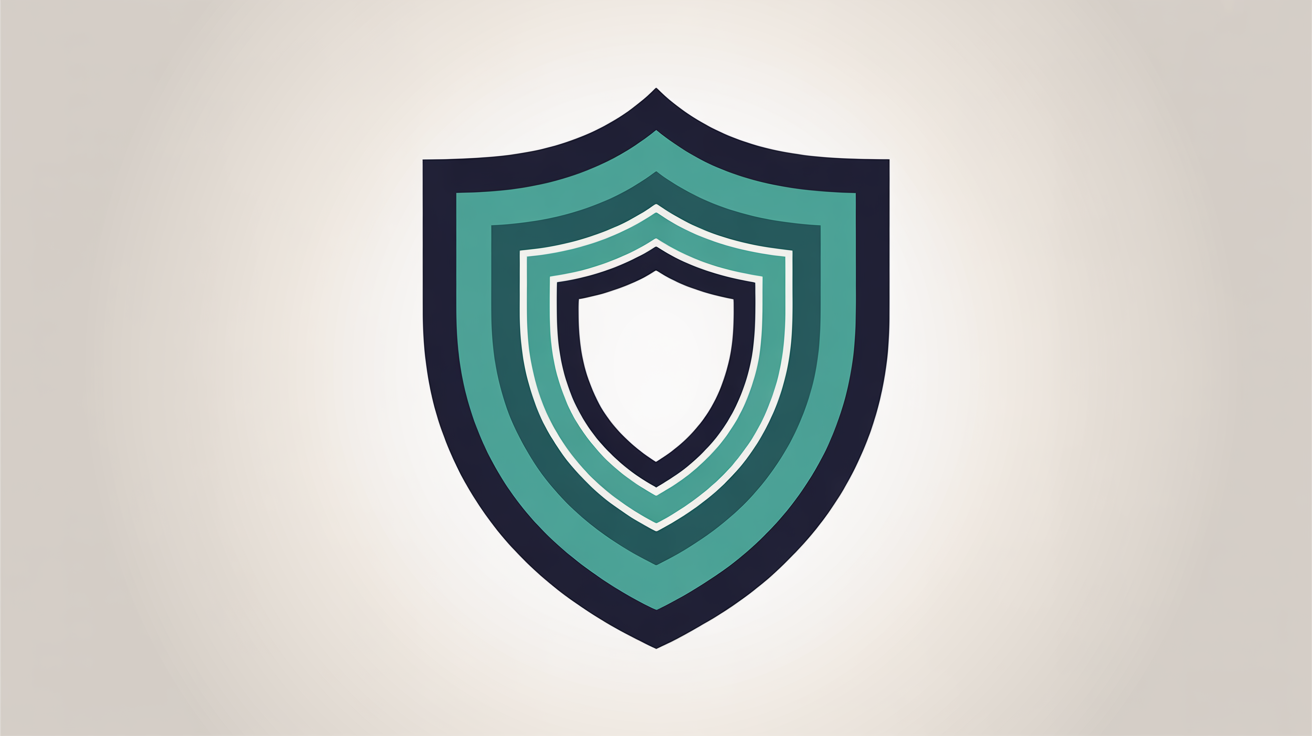 Abstract illustration of layered security shields in teal tones on warm grey background, suggesting multiple protection layers