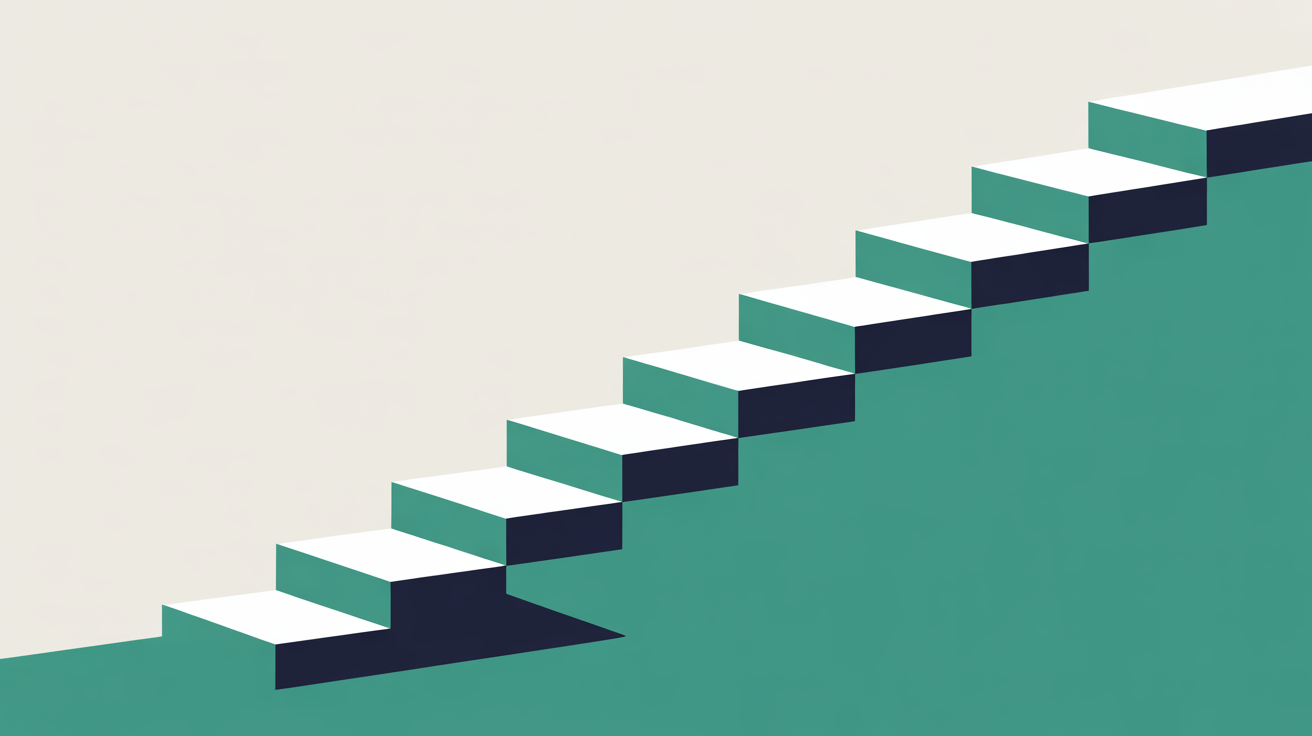 A stepped staircase illustration in teal and warm grey, with each step labelled abstractly by height, suggesting tiered pricing climbing upward