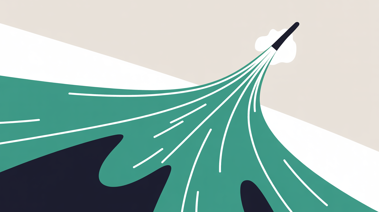 Abstract teal lines flowing upward and stopping against a barrier on warm grey background, representing website interaction responsiveness being measured