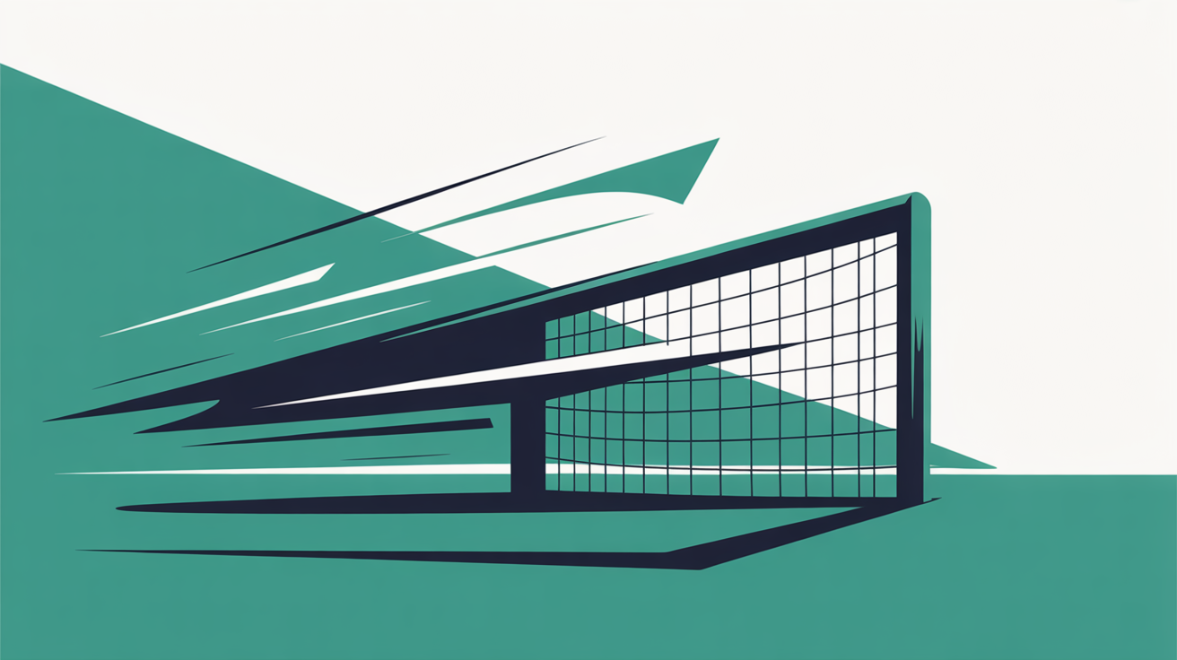 Abstract geometric shapes shifting sideways with teal speed lines on warm grey background suggesting movement and changing standards