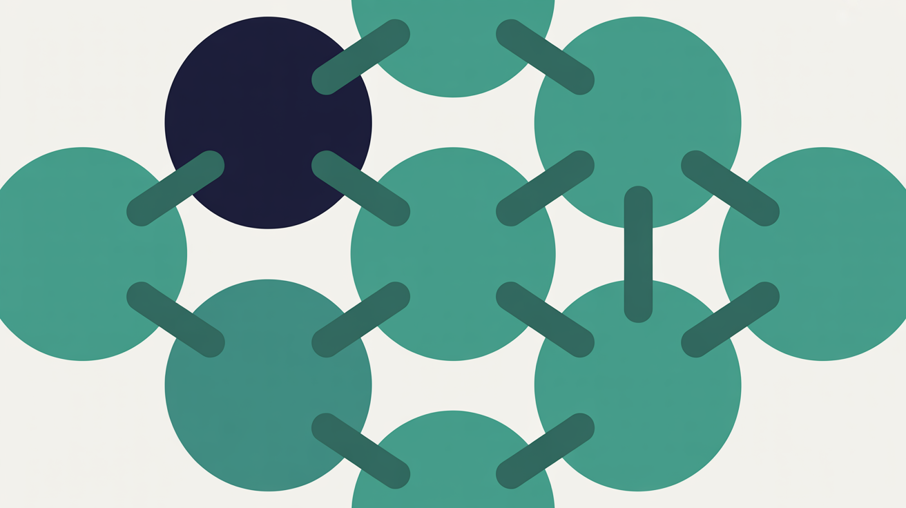 Abstract flat illustration of overlapping teal circles suggesting a network with one node highlighted, warm grey background