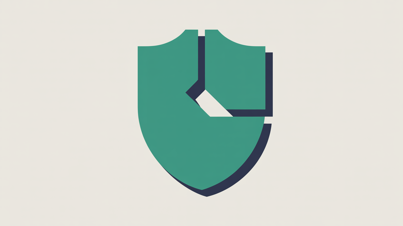 Abstract flat illustration of a teal shield form with a gap being sealed by a connecting line, on a warm grey background
