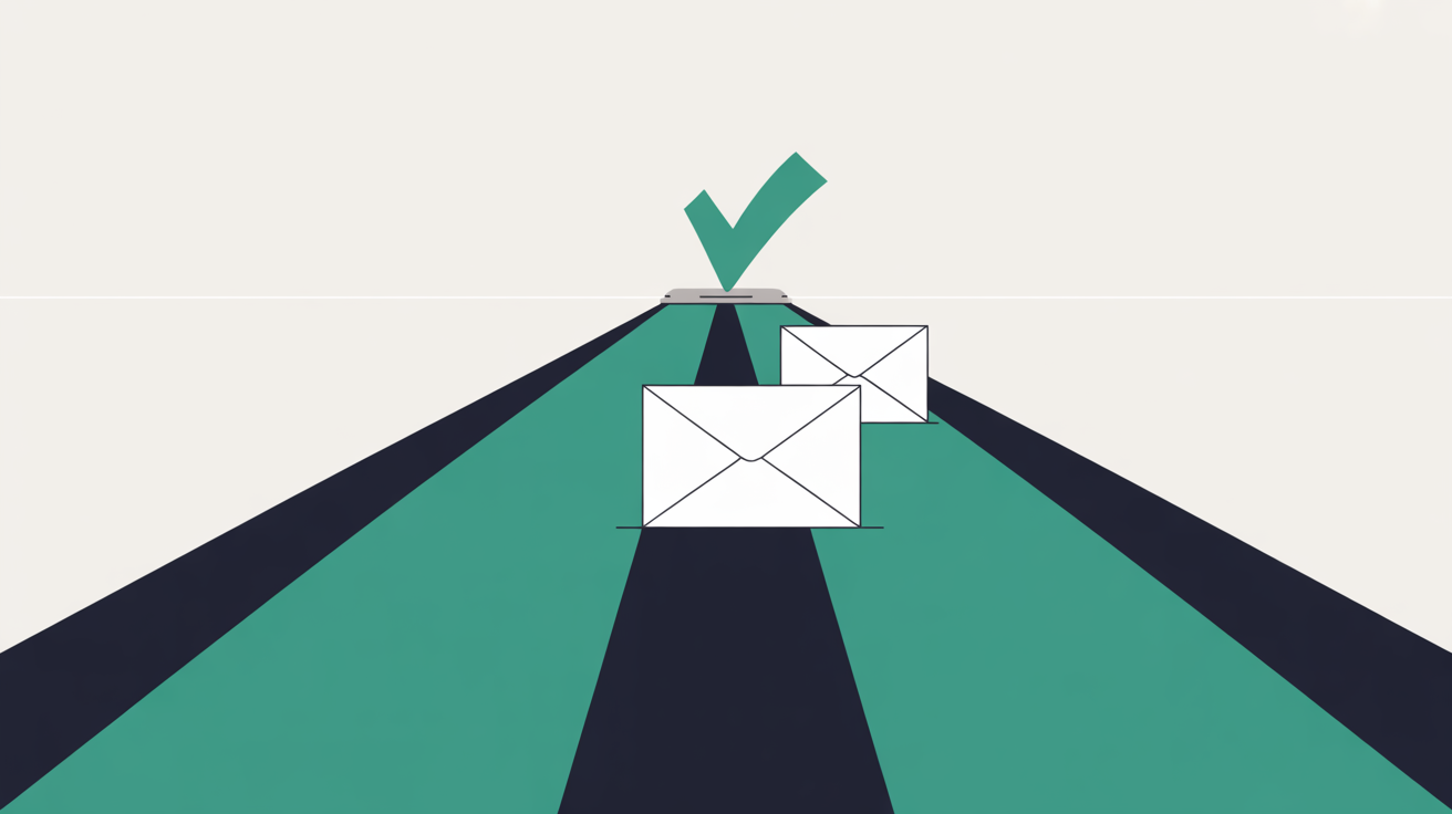 Abstract gateway with diagonal teal lines verifying envelope shapes against authentication checkpoints on warm grey background