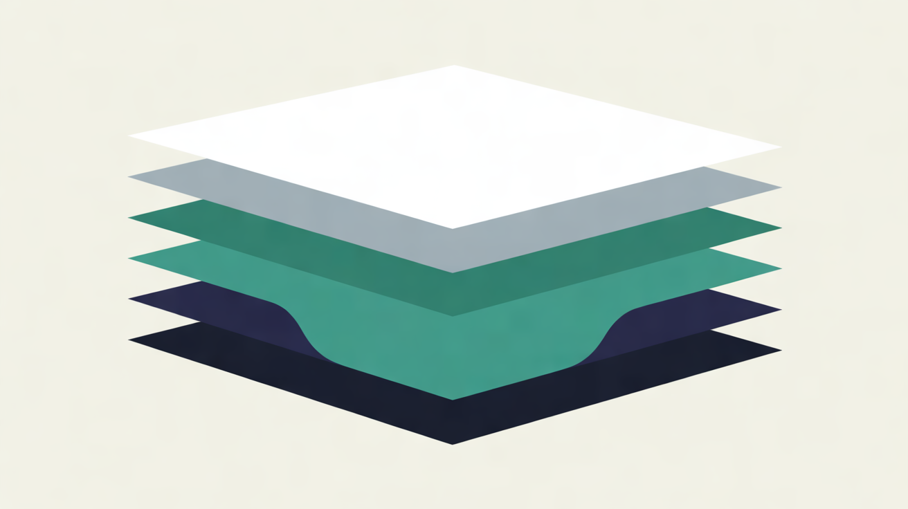 Flat illustration of thin stacked layers in white, grey, teal and navy, with one teal layer dipping out of line on a cream background