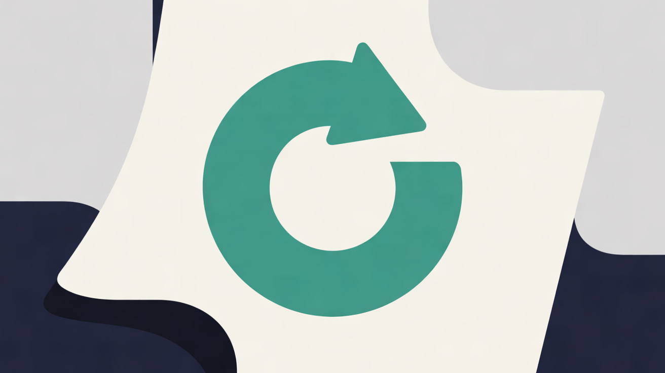 Flat illustration of a large teal circular arrow on a cream page shape set against grey and navy panels