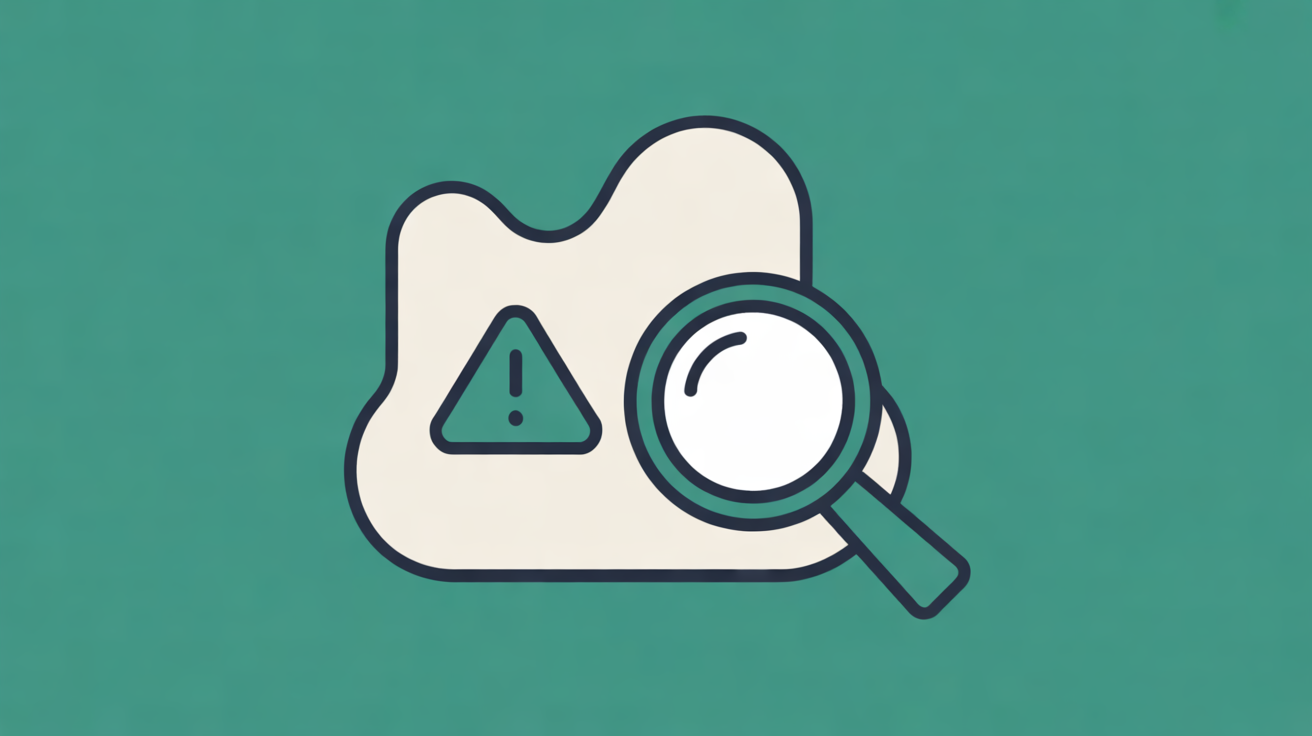 Flat illustration of a cream window shape carrying a small warning triangle, with a magnifying lens held over it, on a teal background