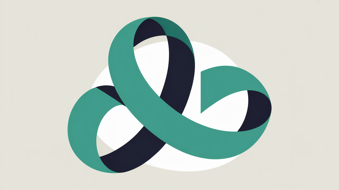Abstract flowing ribbon-like shapes suggesting typography and motion, teal on warm grey background
