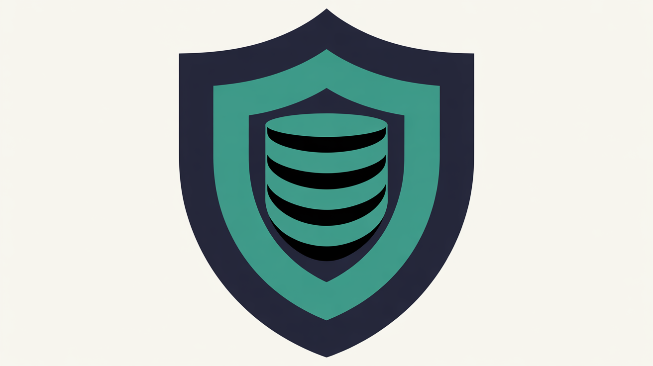 Abstract flat illustration of layered shield shapes suggesting data protection with teal accents on warm grey background