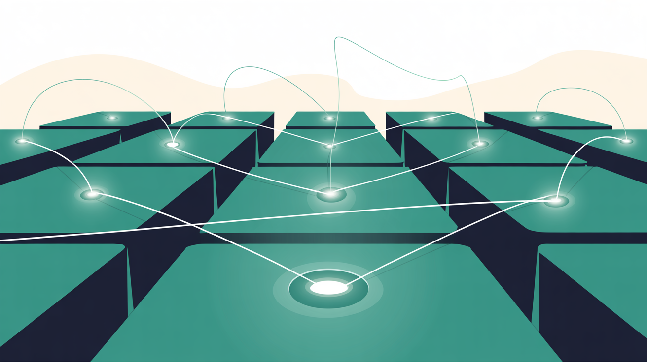 Abstract illustration of a network monitoring dashboard with active alerts being routed through clean teal pathways on a warm grey background