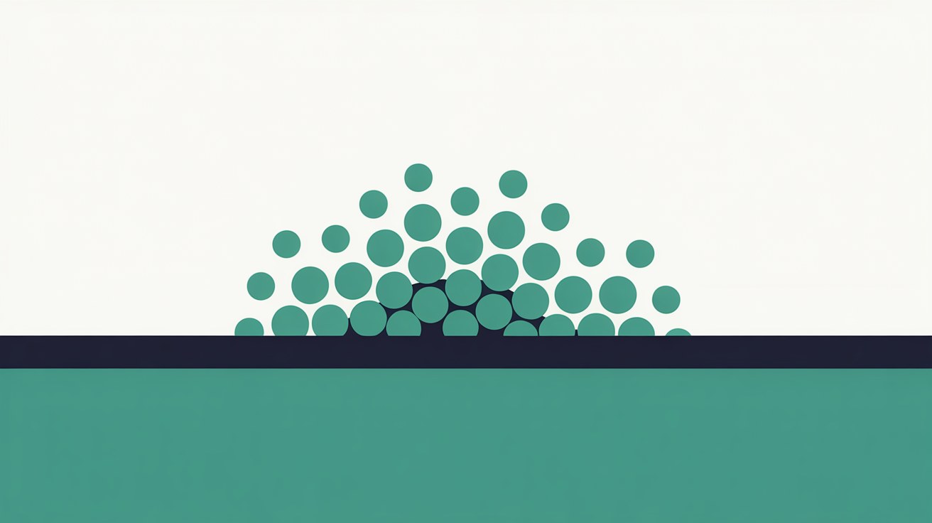 Flat abstract illustration of many small teal dots pressing upward against a solid horizontal grey ceiling line on a warm stone grey background, suggesting demand hitting a hard capacity limit