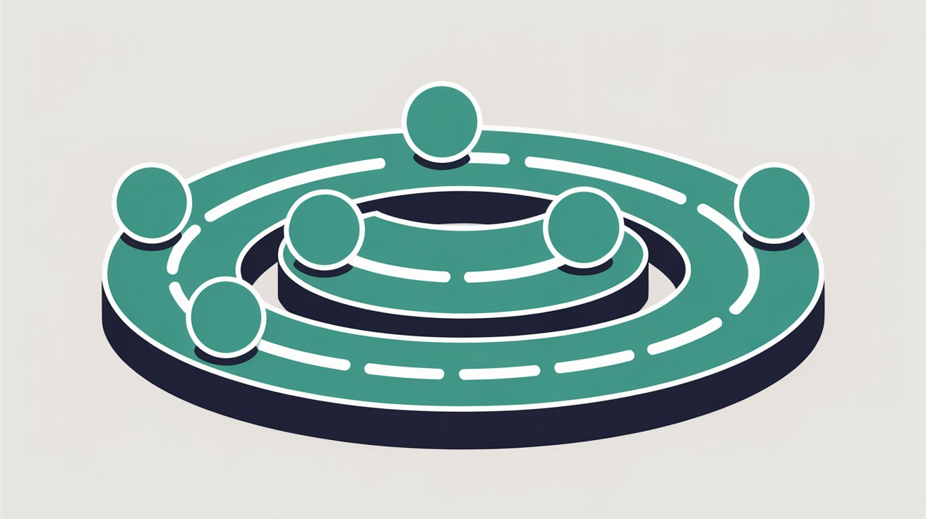 Flat abstract illustration of teal nodes connected by smooth clean lines flowing easily around a central rounded cache layer on a warm stone grey background, suggesting traffic served without congestion