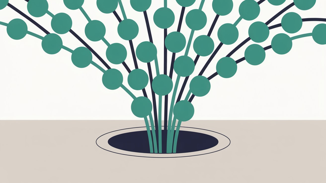 Flat abstract illustration of many small teal nodes funnelling through a single narrow channel on a warm stone grey background, suggesting many requests squeezing through one limited opening