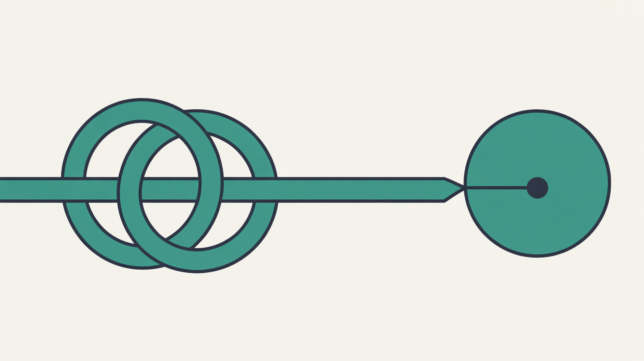 Flat abstract illustration contrasting a tangled closed loop with a single clean line reaching a solid endpoint, suggesting an endless automated queue versus direct human help