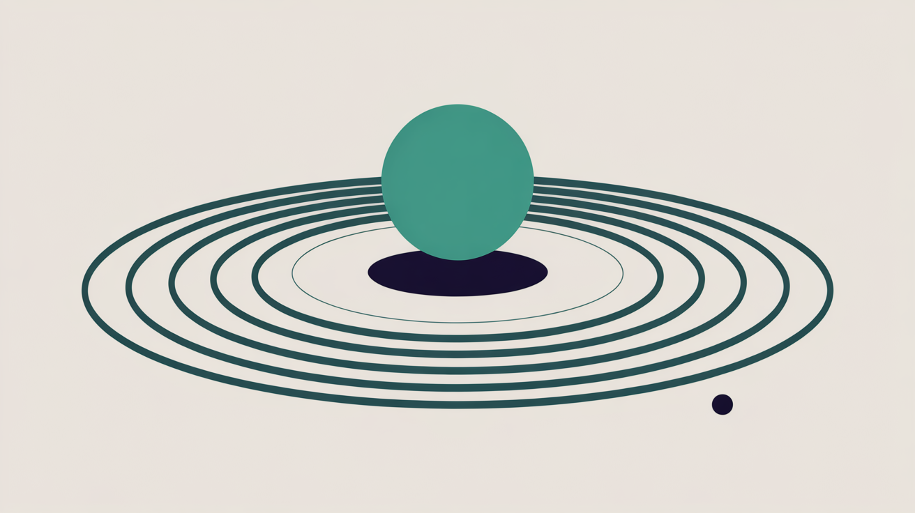 Abstract flat illustration of calm concentric arcs radiating from a single solid point on a warm grey background, suggesting steady monitoring and a reachable team