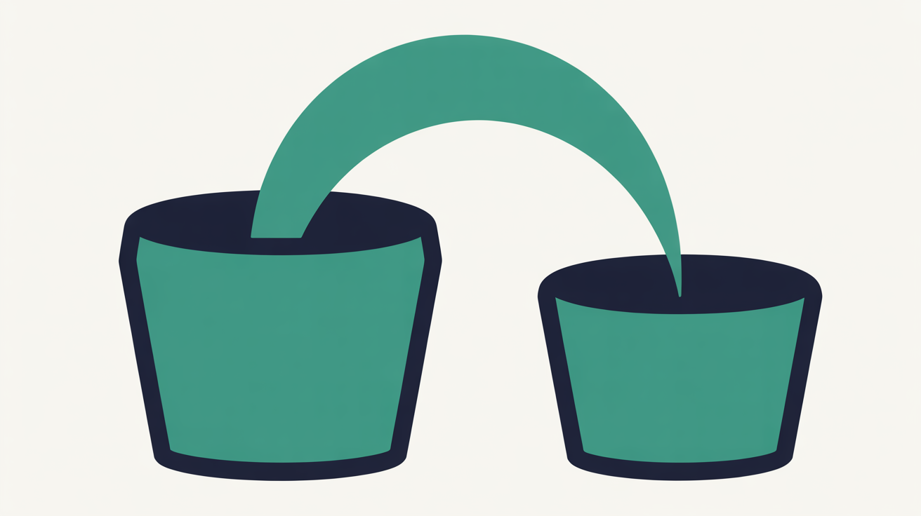 Abstract illustration comparing a bulky container shape to a much smaller compact one connected by a teal transformation arc on warm grey background