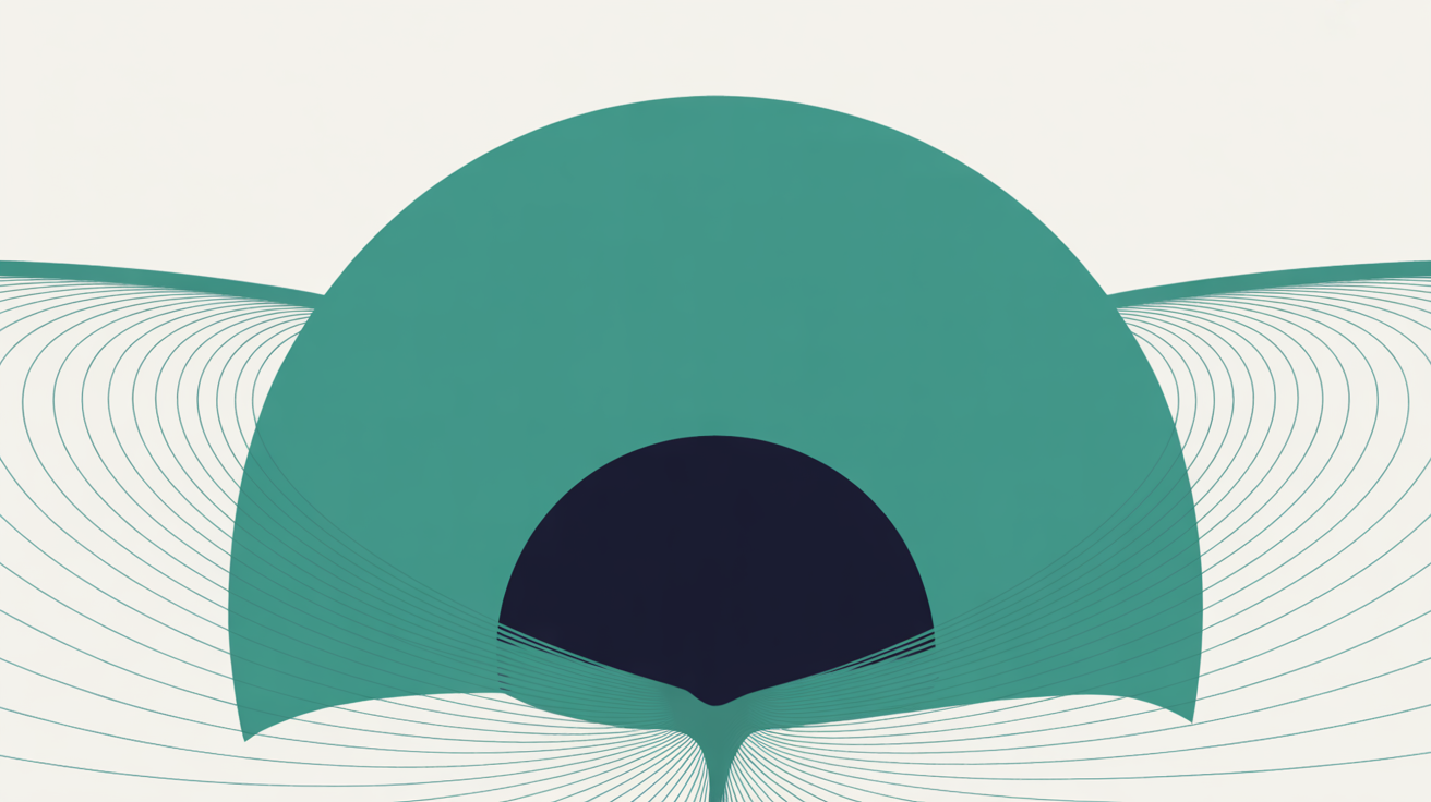 Abstract network topology with concentric arcs flowing outward in teal lines from a deep navy core node on a warm grey background