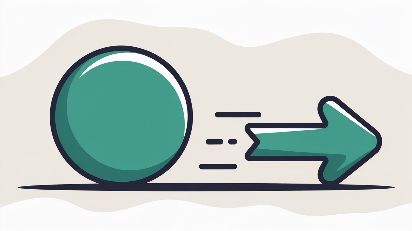 Abstract illustration of a heavy circular shape settling onto a line beside a small streamlined arrow moving forward, in teal on warm grey